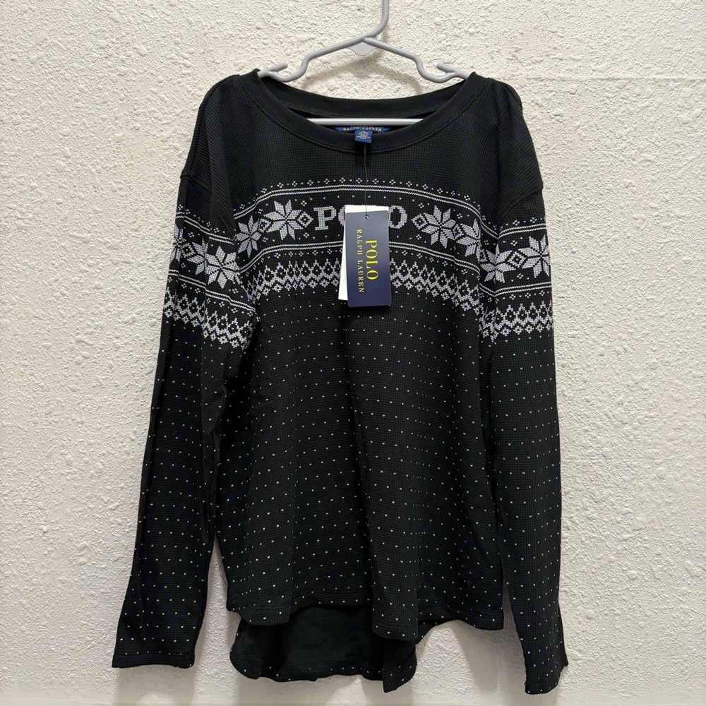 Polo Girls Waffle Knit Long Sleeve Winter Snowflake Fair Isle Top NWT Size M